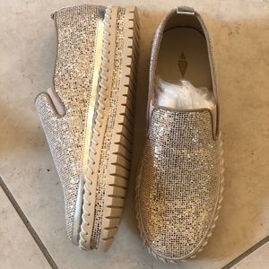 Bedazzled sparkle slip on shoes - gold